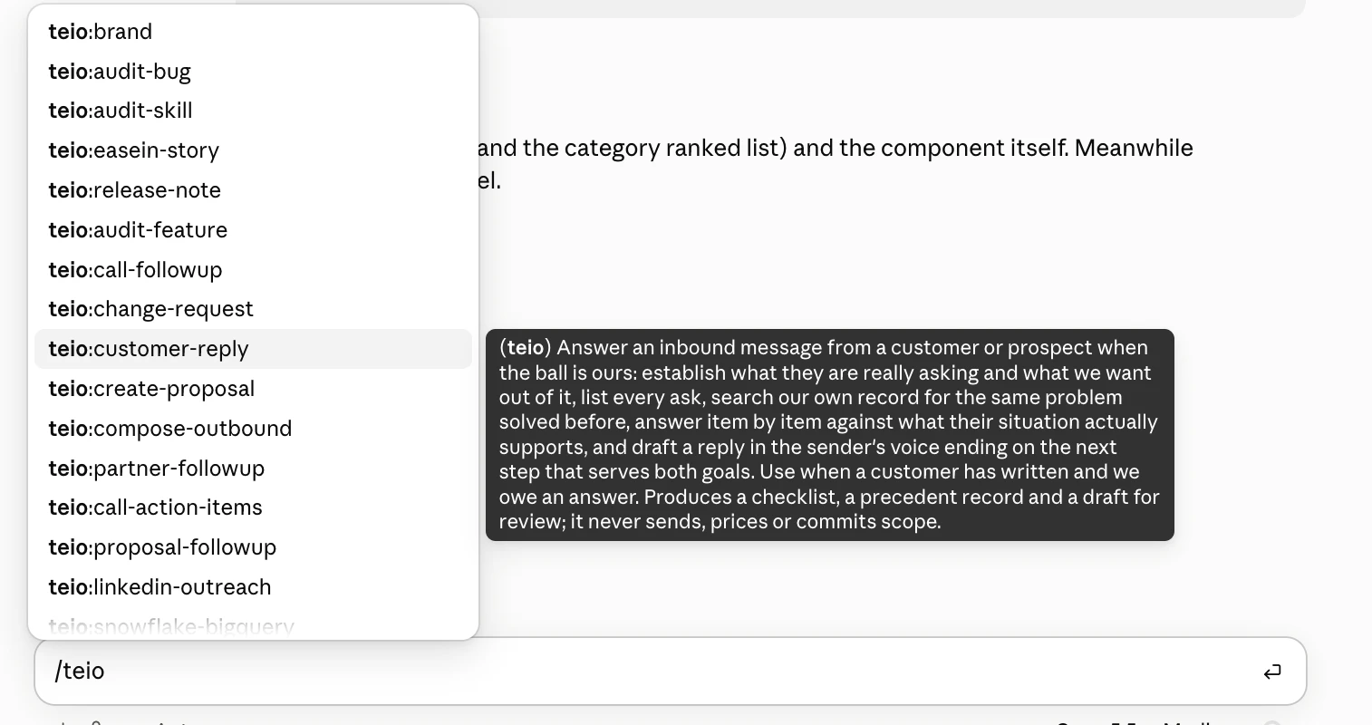 Typing /teio in Claude Code lists every teiō skill, with the customer reply skill's description shown