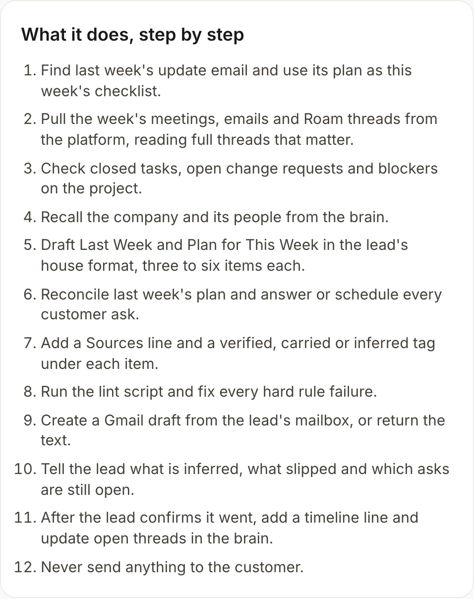 The weekly customer update skill's twelve steps