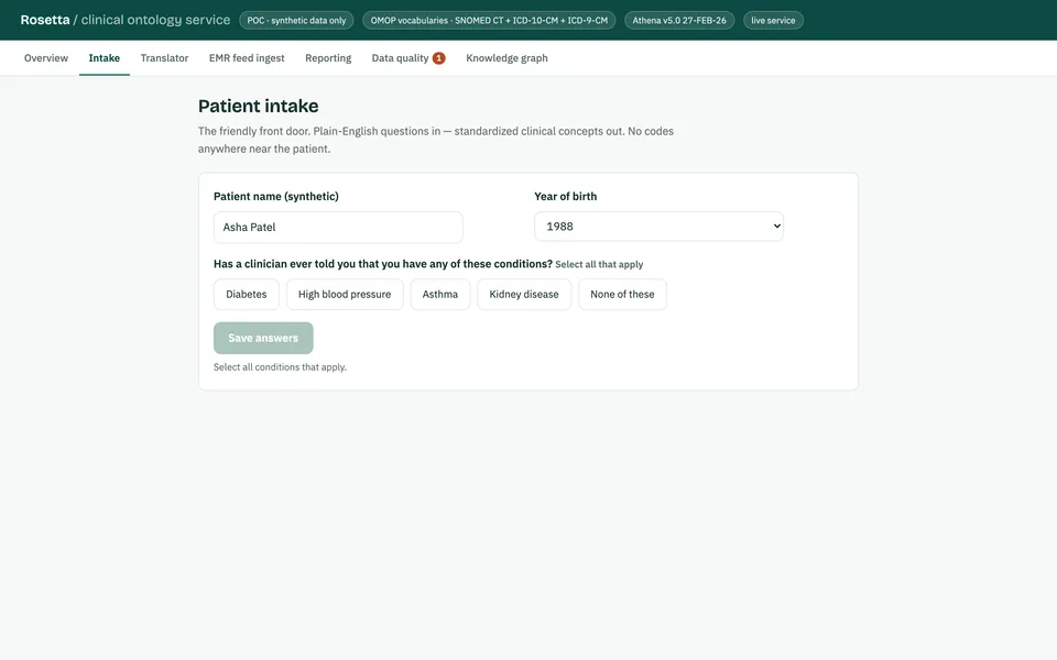 The intake form, two conditions selected, qualified answers, the saved records, and the not-sure path, frame 1 of 5