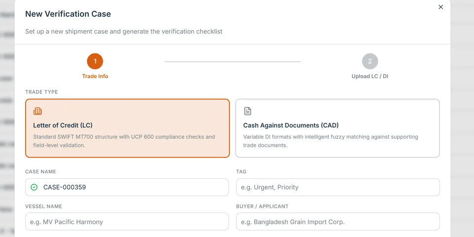 Opening a case and picking the trade type, the shipment and its required documents, the generated checklist, the documents classified, the verification summary, and two discrepancies, frame 1 of 6