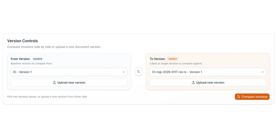Choosing two versions, the summary of what changed, and both contracts side by side with every change marked, frame 1 of 3
