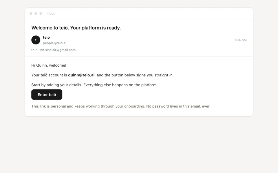 teiō onboarding, provisioning, and offboarding, frame 1 of 5