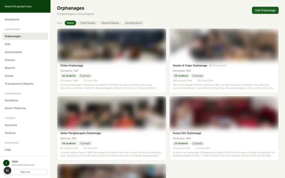 Orphanages, kid roster, and one child's class history, frame 1 of 4