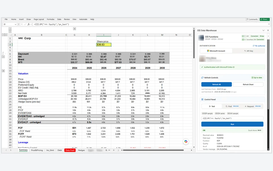 A model pulling a live price through the add-in, the same model when the lookup fails, the result panel beside the failure panel, searching for a function and requesting one, and the diagnostics block, frame 1 of 5