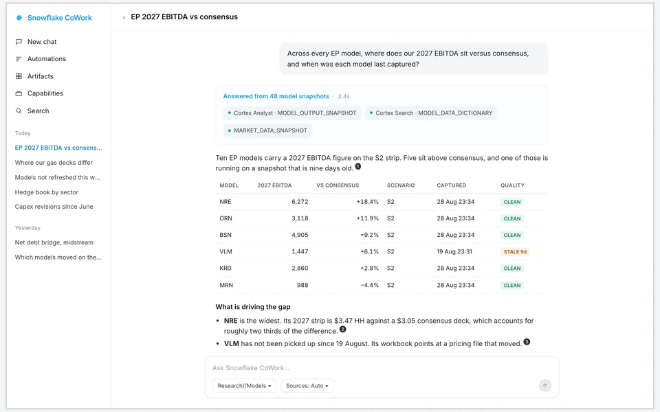 A design for the conversational layer answering a question across every EP model, and the same platform posting a morning brief into a Slack channel, frame 1 of 2